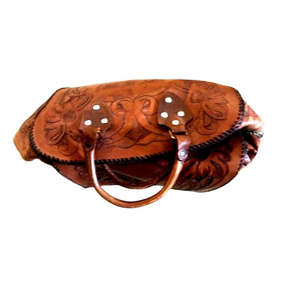 Vintage Etched Brown Tan Leather Embossed Handbag Bowling Bag Tote Bag Western - Picture 3 of 6